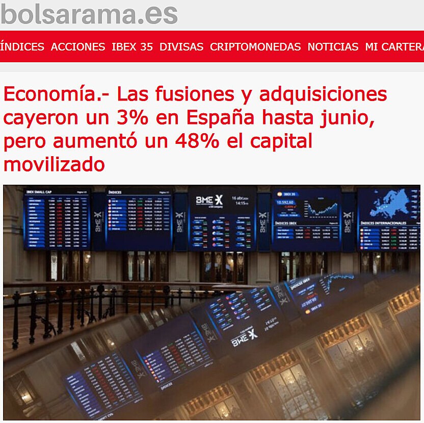 Economa.- Las fusiones y adquisiciones cayeron un 3% en Espaa hasta junio, pero aument un 48% el capital movilizado